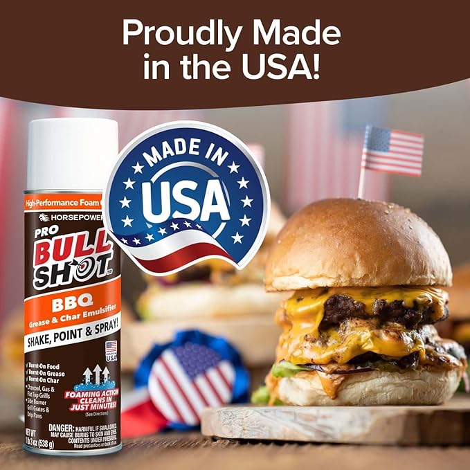 Bull Shot BBQ Pro, Foaming Grill Cleaner, AS SEEN ON TV, Professional Strength Foam Spray Emulsifies Burnt Grease & Char on Grates, Racks, Pans, Smokers & Griddles Cleans in Just 10 Min - Made in USA
