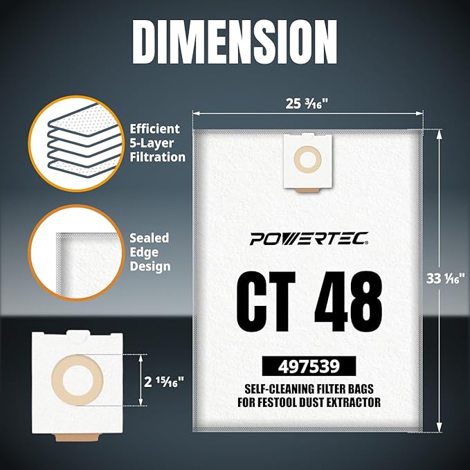 POWERTEC 497539 Selfclean Filter Bags for Festool CT48 Dust Extractor, Vacuum Bags for Festool CT48, 5 Pack (75055)