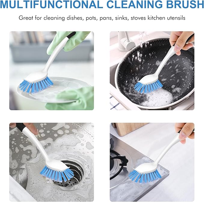 SetSail Dish Brush with Handle, 3 Pack Stiff Bristles Dish Scrubber with Built-in Scraper Dish Scrub Brushes for Cleaning Dishes, Pots and Pans, Kitchen Sink, 3 Pack, Black Blue