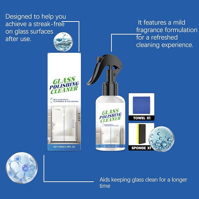 Multi-Surface Glass Cleaner Spray and Polish, Window Cleaner, Streak-free Gloss for Mirrors and Cars, Fast-Action Spray, Removes Fingerprints, Dirt, Dust and Water Spots (3Pcs)
