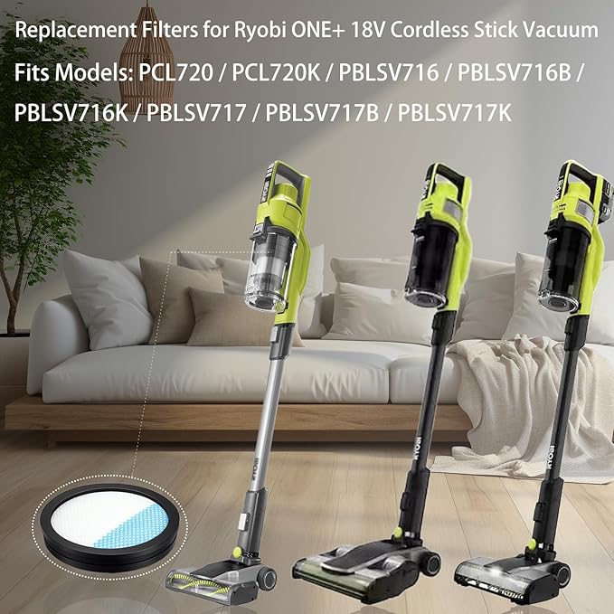 4-Pack PCL720 Filter Replacement for Ryobi ONE+ 18V Cordless Stick Vacuum Cleaner PBLSV716K PBLSV716B PBLSV717K & PBLSV717B