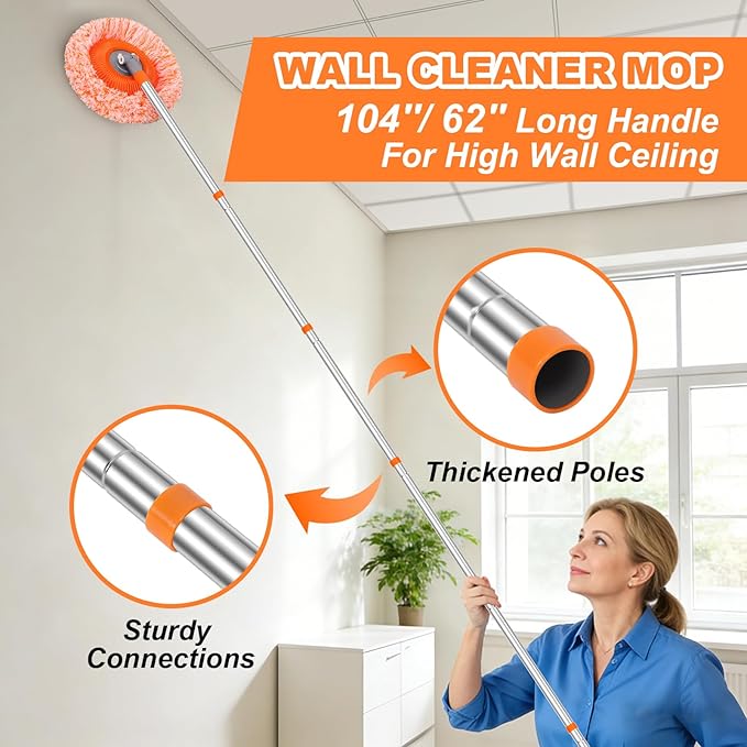 Wall Mop for Painted Walls, Wall Cleaner Mop with 104''/ 62" Long Handle, Dry Mop for Wall Floor Ceiling Cleaning, 2 Reusable Pads (Orange)