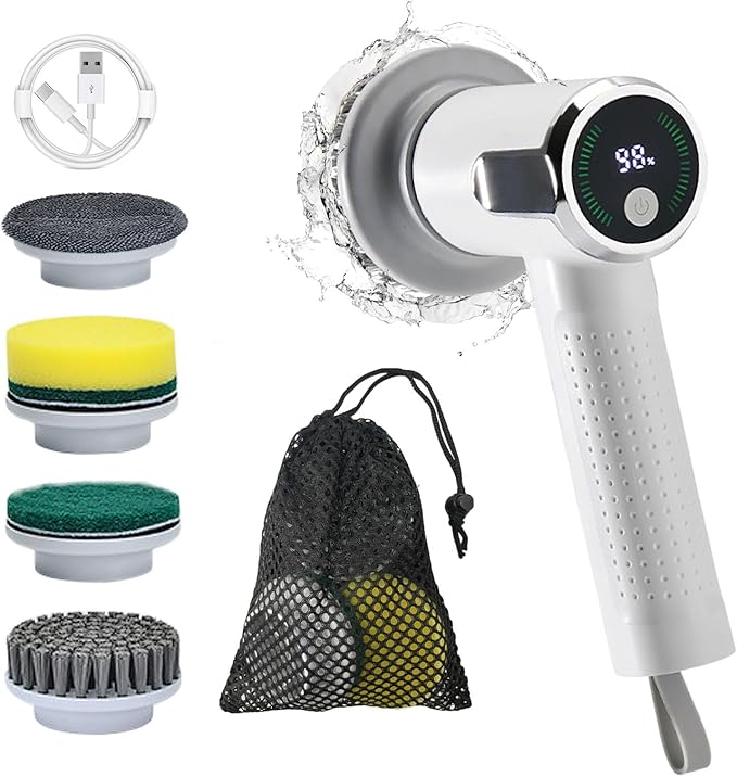 Electric Spin Scrubber Cordless Cleaning Brush with Replaceable Brush Heads, Rechargeable Power Scrubber for Bathroom Shower Floor Window Tub Sink