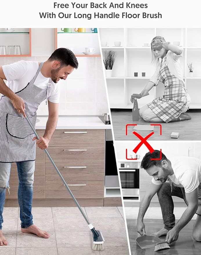 Floor Scrubber with Long Handle, 2 in 1 Scrubbing Brush Stiff Bristle Shower Cleaning Brush for Bathroom, Kitchen, Tub, Carpet, Grout, Tile(Gray)