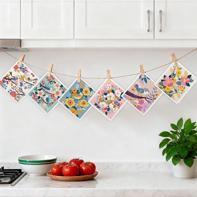Mixed Retro Bird Swedish Kitchen Dishcloths Dish Towels 6 Pack, Bird Dish Towels for Kitchen, Swedish Dishcloth with Flower, Paper Towels Reusable, Dish Cloth Towel Cleaning Wipe for Home Party