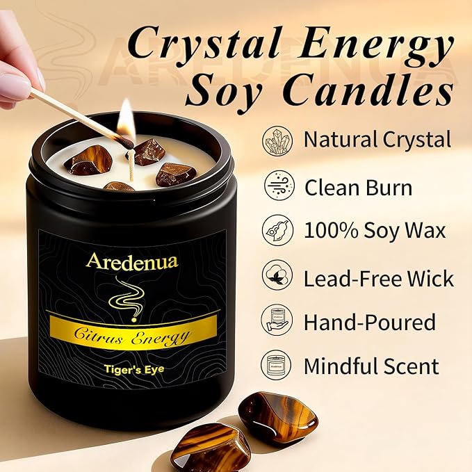 Crystal Candle with Tiger Eye Healing Crystals, Citrus Aromatherapy Candle for Confidence, Natural Soy Wax Scented Candle with Real Gemstone, 7oz Long Burning, Motivational Chakra Gift