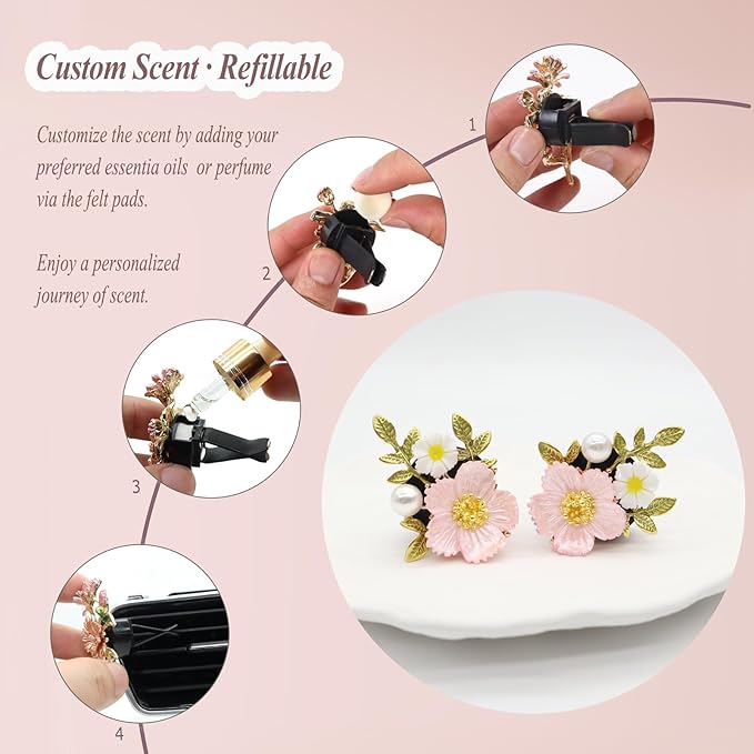 Flower Car Vent Clips 2pcs Pink Daisy Bouquets Flowers Air Freshener Girly Car Decorations Interior Aesthetics for Women Refillable Car Diffuser