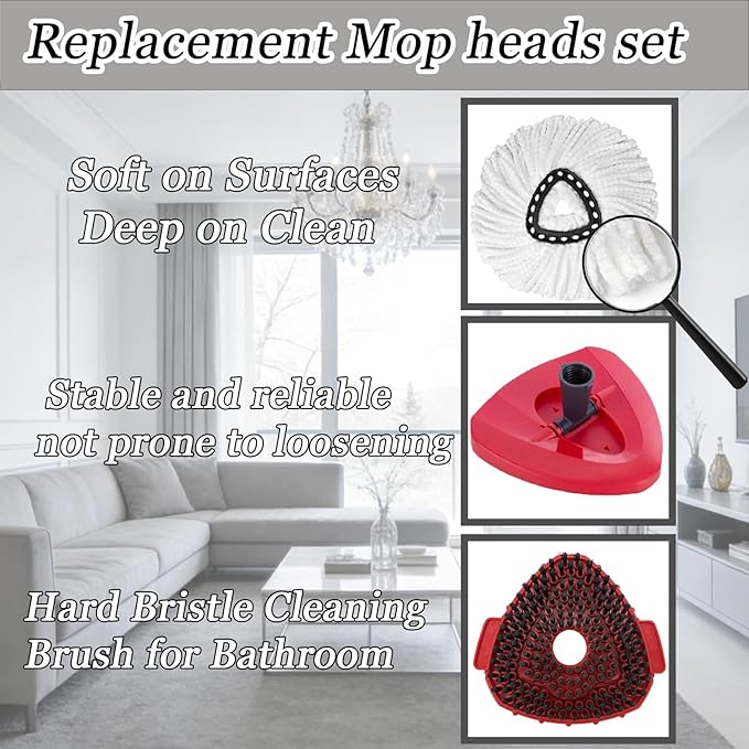 4Pcs Mop Heads Replacement,Spin Mop Replacement Head Compatible with Cedar Easywring 1-Tank System,Including 2 Spin mop Replacement Heads,1 Brush Head and 1 Base (Machine Washable & Easy to Replace)