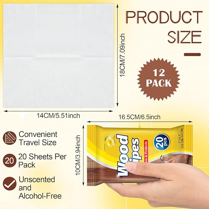 12 Pcs Care Wood Surfaces Wipes 240 Count Furniture Polish Cleaner Shines and Protects Wipe Lemon Scent Floor Wipes for Kitchen Bathroom Furniture Wood Floors Cabinet Cleaning