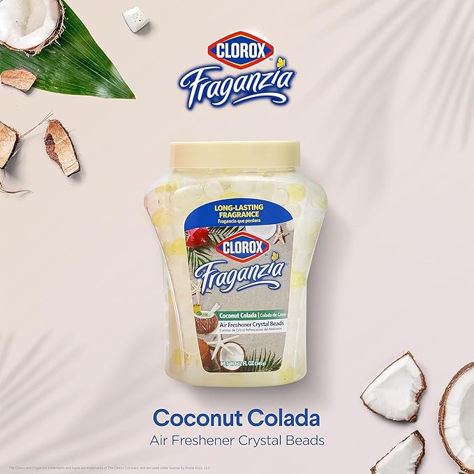 Clorox Fraganzia Crystal Beads Air Freshener, Long Lasting Room Deodorizer and Odor Eliminator Gel Beads to Freshen Home, Car, or Office, Coconut Colada Scent, 12 Fl Oz - 12 Pack
