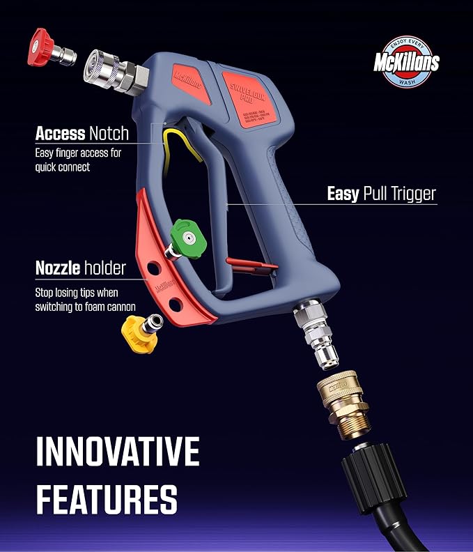 McKillans® Swivel Gun Pro - Swivel High Pressure Water Handle with 3/8" Male Plug and 1/4” Quick Connector Coupler - Power Washer Gun Compatible with Foam Cannon - Nozzle Tips Holder