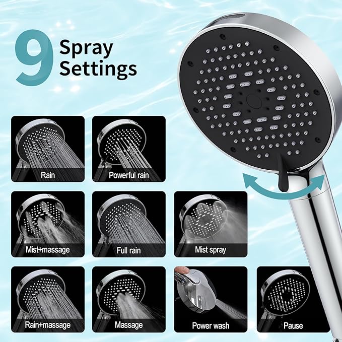 SR SUN RISE NSF Filtered Shower Head with Handheld High Pressure 9-Spray Settings Power Wash Detachable Filter for Hard Water Removes Chlorine (Chrome Silver, 4.9inch)