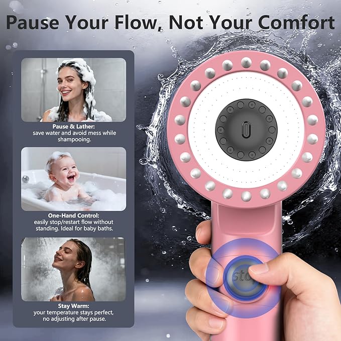 Filtered Shower Head with Handheld, High Pressure Water Flow and Multiple Spray Modes Shower Head with Filter, Power Wash for Hard Water, Showerhead with ON/OFF Switch for Pets Bath (Pink)