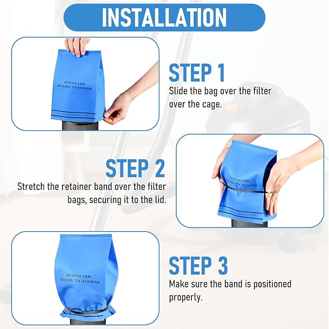 9 Pack 38737 Dust Filter Bags Replacement for Stinger Wet Dry Vac and Bucket Head Vacuum, Fits Craftsman 2-2.5 Gallon Vacuums, Includes 3 Retaining Bands, Part# 9-38737/Cmxzvbe38737
