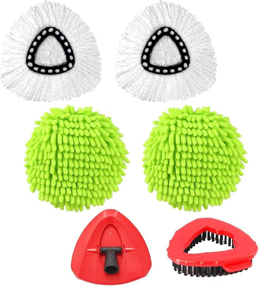 Mop Heads Replacements for OCedar EasyWring 1 Tank Spin System, Mop Replace Head with 2 Microfiber Refills, 2 Chenille Pads,1 Scrub Brush, and 1 Base Set Combo