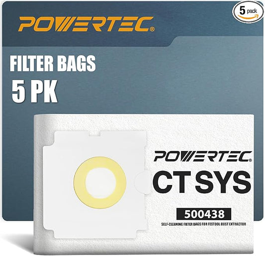 POWERTEC 500438 Selfclean Filter Bag for Festool CT SYS 5PK, for Festool CT SYS, CTC SYS Dust Extractor, Replacement Vacuum Bags, Filter Bags (75059)