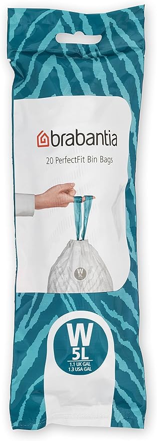 Brabantia PerfectFit Trash Bags (Size W/1.3 Gal) Thick Plastic Trash Can Liners with Drawstring Handles (200 Bags)