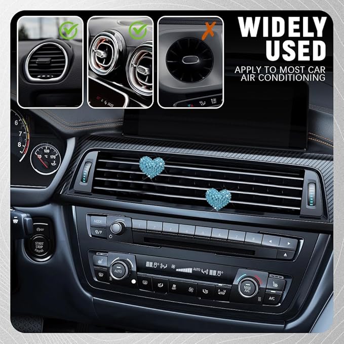 2PCS Bling Heart Air Vent Clips, Heart Shaped Crystal Air Freshener Vent Clips, Rhinestone Air Conditioning Outlet Clip, Universal Interior Decor Car Accessories for Women Girl (Blue)