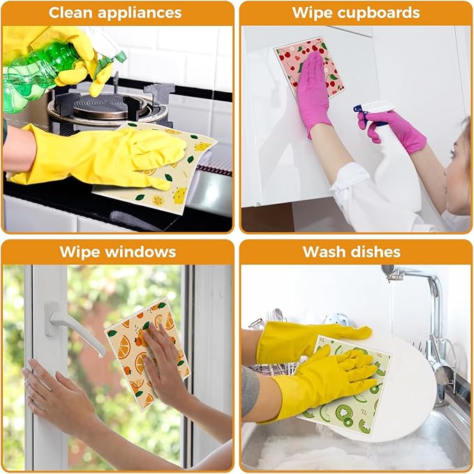 10PCS Swedish Dishcloths for Kitchen, Reusable Paper Towels Washable, Dish Rags for Washing Dishes with Clips, Non-Scratch Kitchen Towels and Dishcloths Sets, Dish Cloths, No Odor(Fruit)