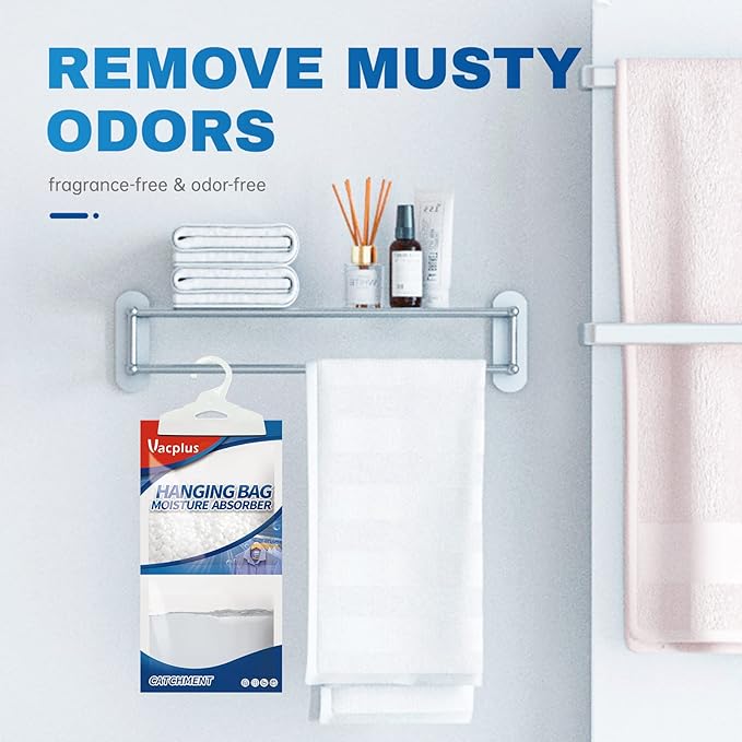Vacplus Moisture Absorbers 30 Pack, Fragrance Free Hanging Humidity Packs with Sturdy Hook, Effective Closet Dehumidifier for Bathroom, Laundry Room, Basement, 9.8Oz