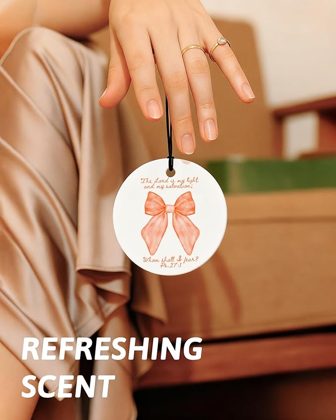 Orange Christian Round Car Air Freshener 4 Pcs, Girly Orange Bow Floral Religious Hanging Air Freshener for Cars Closet Drawer Books, Cute Preppy Car Accessories Mirror Decor for Women