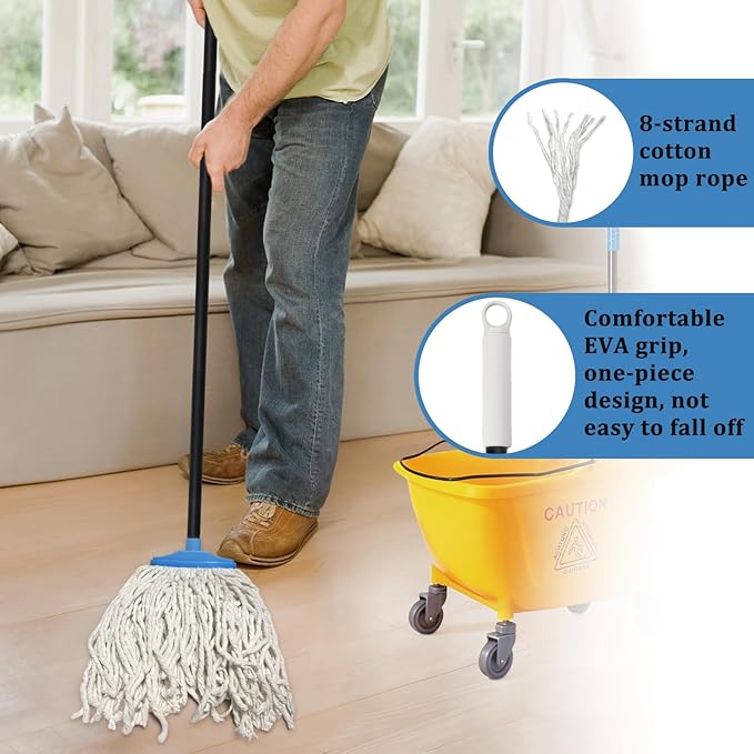 Indoor Cotton Mops for Floor Cleaning - 53.7" Adjustable Iron Handle Regular Mops to Clean Living Room, Kitchen, and Bathroom,Indoor Cleaning Mop for Wood Floors, Tile, Hardwood Floor. (Blue White