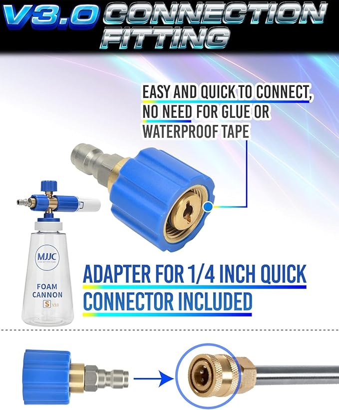 MJJC Foam Cannon S V3.0 (Thicker Snow Foam Technology) with 1/4 Inch Quick Connector for Pressure Washer, 34 oz Bottle (V3.0 (1/4" Quick Connector) + SOAP Sample)