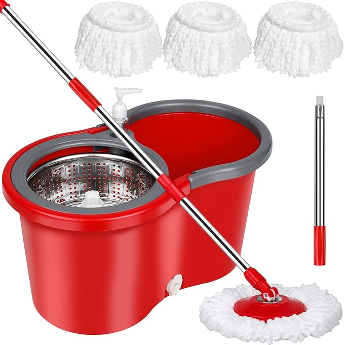 Spin Mop and Bucket with Wringer Set，Mop and Bucket Set for Floor Cleaning with 3 Mop Refills 61 inches Telescoping Rod for Office and Home use