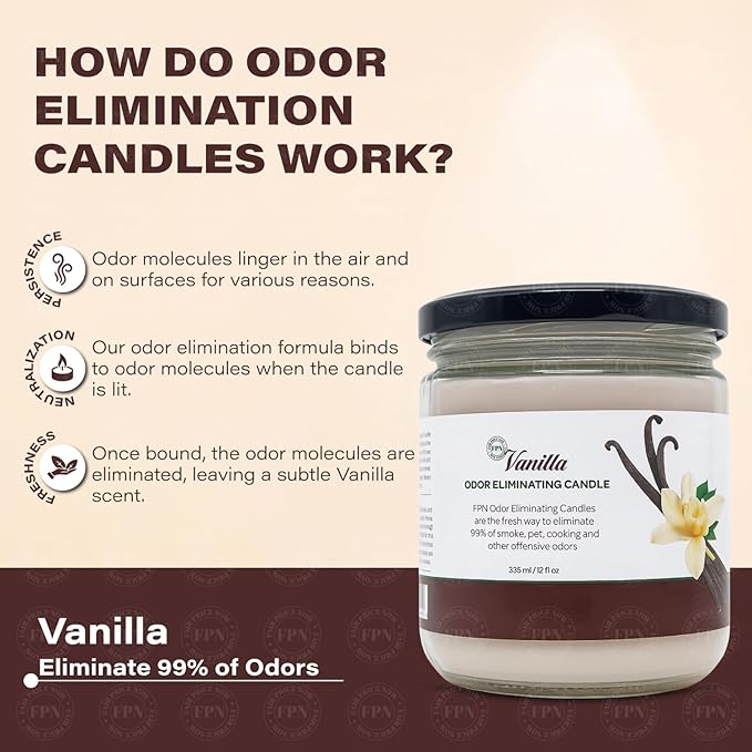 FPN Candle Set Vanilla Odor Eliminating – 2 Pack - 12oz – Long-Lasting Soy Wax Candles – Neutralizes Pet, Kitchen & Smoke Odors – Clean Burn, Eco-Friendly, Aromatherapy Candle