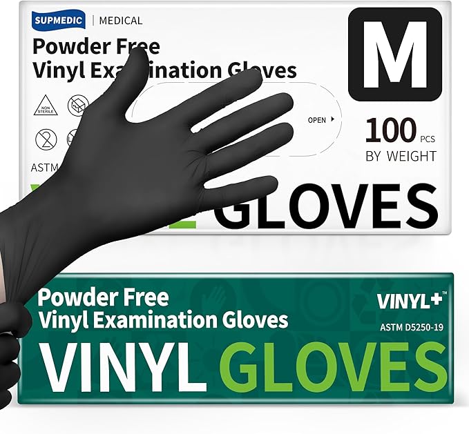 Vinyl Disposable Exam Gloves, Black 4Mil Powder-Free Latex-Free Medical Food Safe Cooking Cleaning Glove 100 &1000Ct