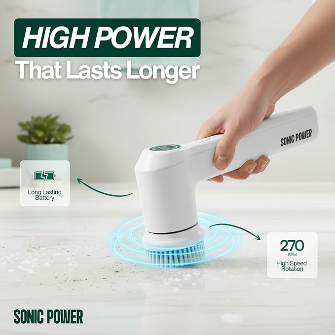 Electric Spin Scrubber – Handheld & Ergonomic, IPX7 Waterproof, 4 Multi-Purpose Brush Heads, Long-Lasting Rechargeable Battery – Cleans Dishes, Bathroom, Tile, Grout & Kitchen (White)