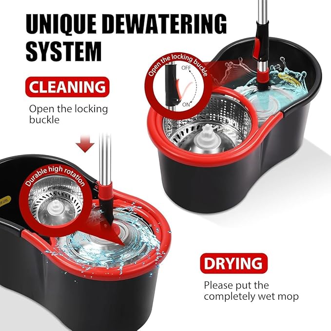 Spin Mop and Bucket with Wringer Set, Easy Labor-Saving, 360 Spinning Mop with 2 Microfiber Replacement Heads, 47in Stainless Steel Handle, for Floor Cleaning Home Office(Blue)