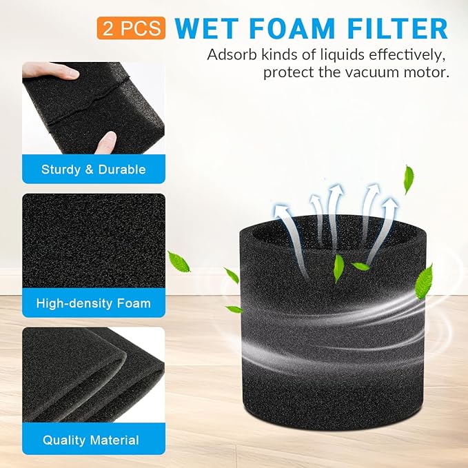 6 Pack VRC5 Filter Bags & 2 Pcs VFF51 Foam Filters Kit Compatible with Vacmaster Most 4 to 16 Gallon Wet/Dry Vacuum, Part# VRC51