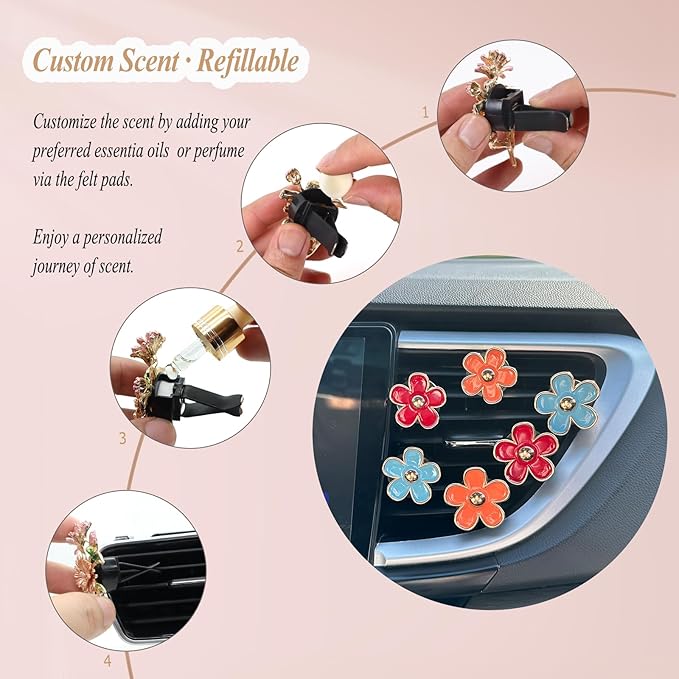 6pcs Flower Air Vent Clips Car Air Freshener,Red Orange Blue Daisy Flowers Vent Clip Car Accessories for Women,Girly Car Decor Refillable Car Diffuser