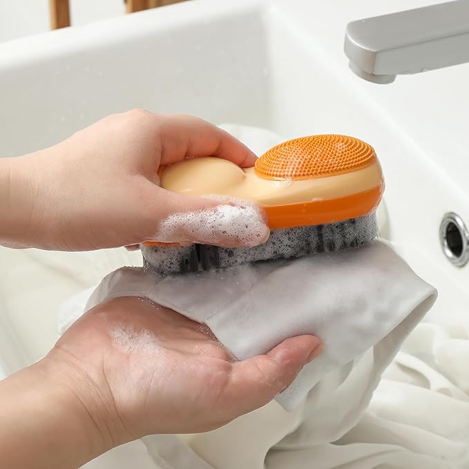 Laundry Stain Brush Two-Side Soft Bristle Scrub Brush for Stain Removal Silicone Household Clothes Washing Brush Dual-use Scrubbing Brush for Clothes Underwear, 2 Pack (Blue and Orange)