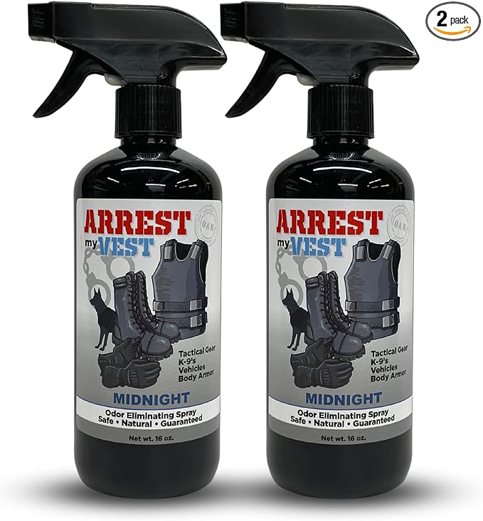 Arrest My Vest Military and Police Grade Odor Eliminating Spray for Body Armor Odor, Tactical Gear. Safe on K9's. Safe on All Ballistic Vests and Fabrics - Midnight Fragrance - 2 16 oz Bottles
