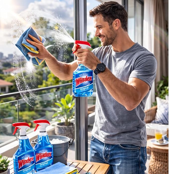Complete Window Cleaning Kit – 2 Glass Cleaners + 2 Premium Microfiber Towels + Professional Squeegee – Streak-Free Shine – Colors May Vary