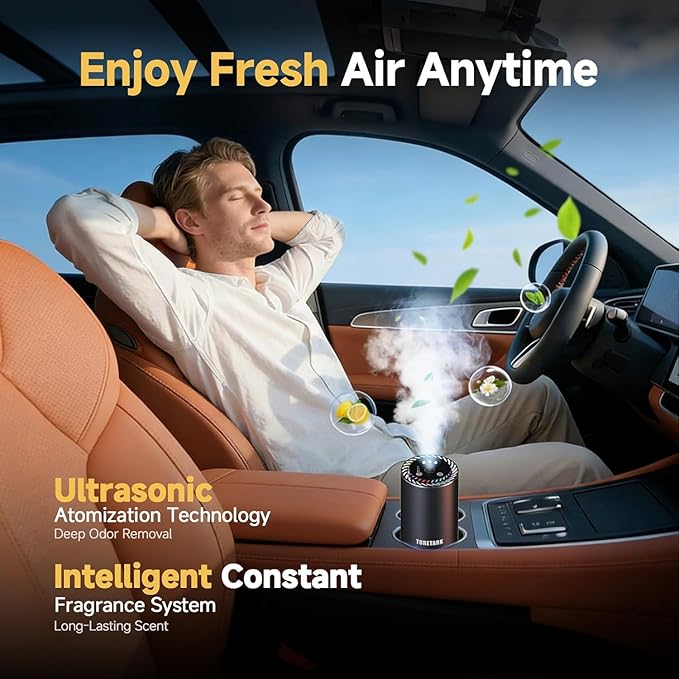 Smart Car Air Freshener with Star Light & 200ml Diffusers Oil Refills, Auto On/Off Aroma Diffuser, 3 Adjustable Mist Modes Rechargeable Aromatizante para Carro - Car Diffuser（Mahogany Teakwood*4）