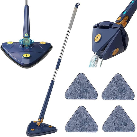 360° Rotatable Adjustable Cleaning Mop - Extendable Triangle Wall Cleaning Mop, Imitation Hand Twist Quick Dry Mop, Long Handle Microfiber Spin Mop Head Replacement for Ceiling, Wall (Blue w/ 4 Mops)