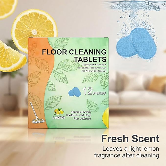 Floor Cleaning Tablets, 12pcs Floor Cleaner Tablets Hard Floor Cleaner Tablets, Floor Cleaning Tablets for Mopping, Pre-Measured Dissolvable Cleaning Solution for Wood Tile Marble, Lemon Scent (12PCS)