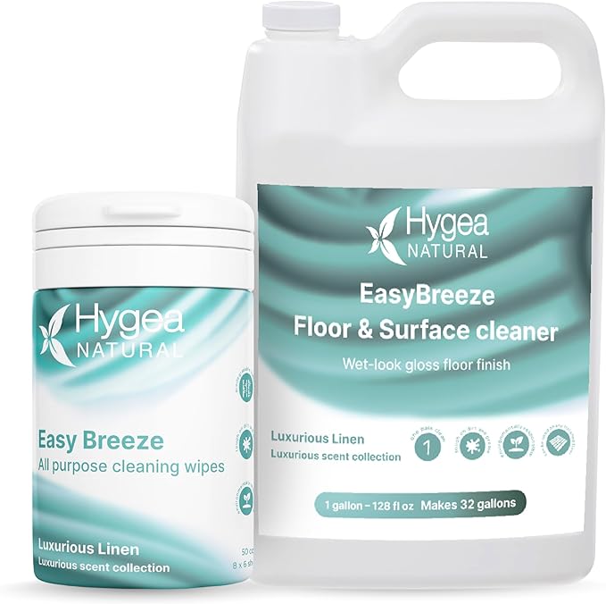 Hygea Natural EasyBreeze Ultimate Cleaning Bundle - PH Neutral Floor & Hard Surface Cleaner with All-Purpose Wipes - Luxurious Linen Scented (1 Gallon Floor Cleaner, 50 ct. Wipes)