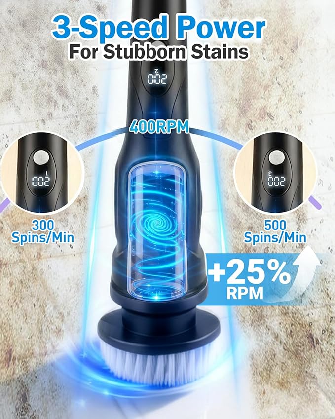 Electric Spin Scrubber, 3-Speed Cordless Shower Scrubber with 90° Adjustable & 10 Replaceable Brush Heads, 90 Mins Runtime & Full-Body IPX7 Waterproof Shower Cleaner Brush with Long Handle