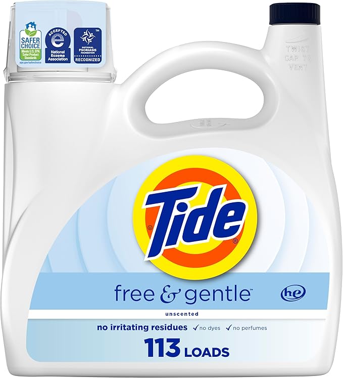 Tide Free & Gentle Liquid Laundry Detergent, 113 Loads, 149 fl oz, Tide Laundry Detergent, Clean Laundry Detergent, Free of Dyes and Perfumes, Hypoallergenic Formula Gentle On Sensitive Skin