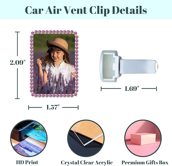 Custom Rhinestone Car Vent Clip Air Freshener with Photo – Personalized Acrylic Picture Frame for Car Interior Decoration Accessories, Rectangular Shape (Purple, One Size)