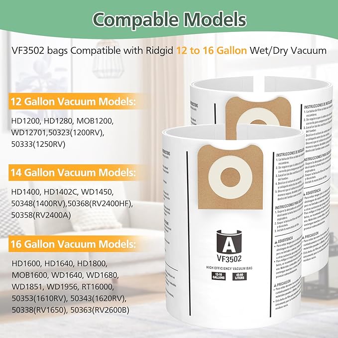 20 Pack 23743 VF3502 Vacuum Bags Compatible with Ridgid 12 to 16 Gallon Wet Dry Vacuums, High Efficiency Replacement Filter Bags for Model WD1950 WD1956 WD1850 WD1851 RV2400HF WD1450 WD1680 WD1270
