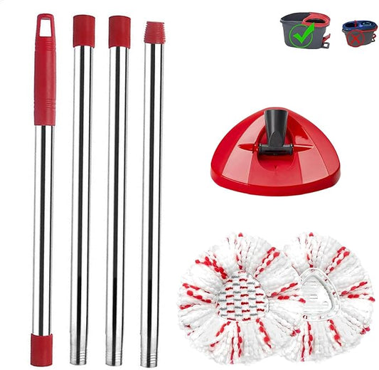 Spin Mop Replacement Set for O-Ceda EasyWring 1-Tank System, Includes 2 Mop Head Replacement, 1 Mop Handle (30-58in Adjustable 4-Section Pole), 1 Spin Base
