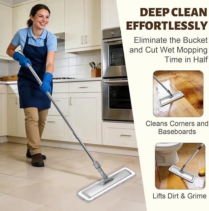 17.7" Microfiber Mop for Floor Cleaning, 59in Long Adjustable Stainless Steel Handle, 360° Rotating Large Flat Mops, 4 Washable Pads for Dry & Wet Cleaning for Hardwood, Vinyl, Laminate, Grey