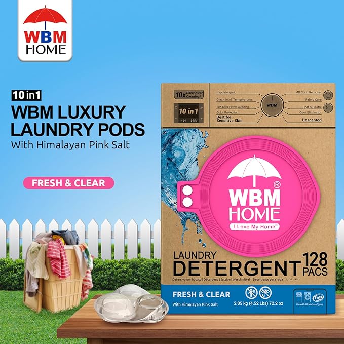 WBM Laundry Detergent Pods, 128 Count | Fresh & Clear Unscented | Laundry Pods 10x Ultrapower Cleaning With Color Protection and Eco-Friendly Packaging