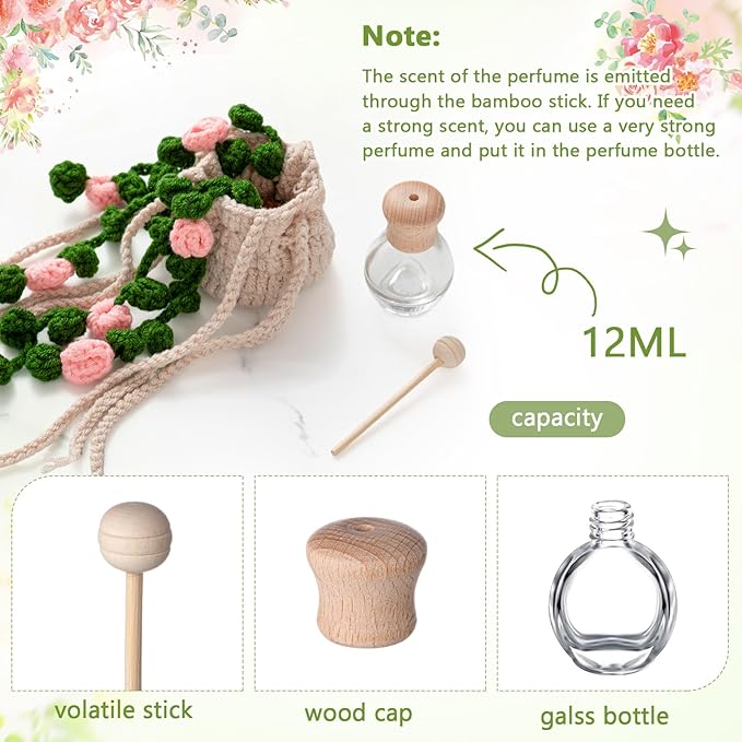 Cute Crochet Plant Car Freshener 12ml Empty Refillable Diffuser Bottle with Plants Hanging Accessories for Rearview Mirror Home Office Decor Women Mother's Day Gifts(Flower)