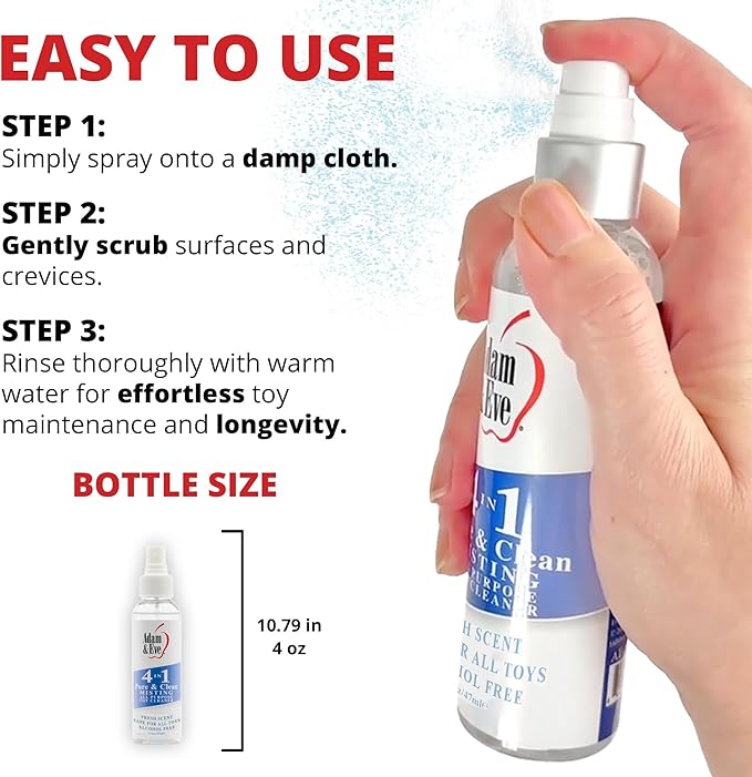 Adam & Eve Sex Toy Cleaner, 4 In 1 Pure And Clean Misting Spray, Fast Acting Misting Spray For Adult Toys, Vibrators, Dildos, Fresh Scent, Water Based Formula Perfect for Gifting, 4 oz (Pack of 2)